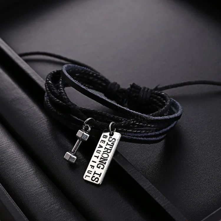 Черный кожаный браслет для мужчин Шарм гантели браслет мужской тренажерный зал фитнес ювелирные изделия Аксессуары для спортзала штанга подарок для мальчика