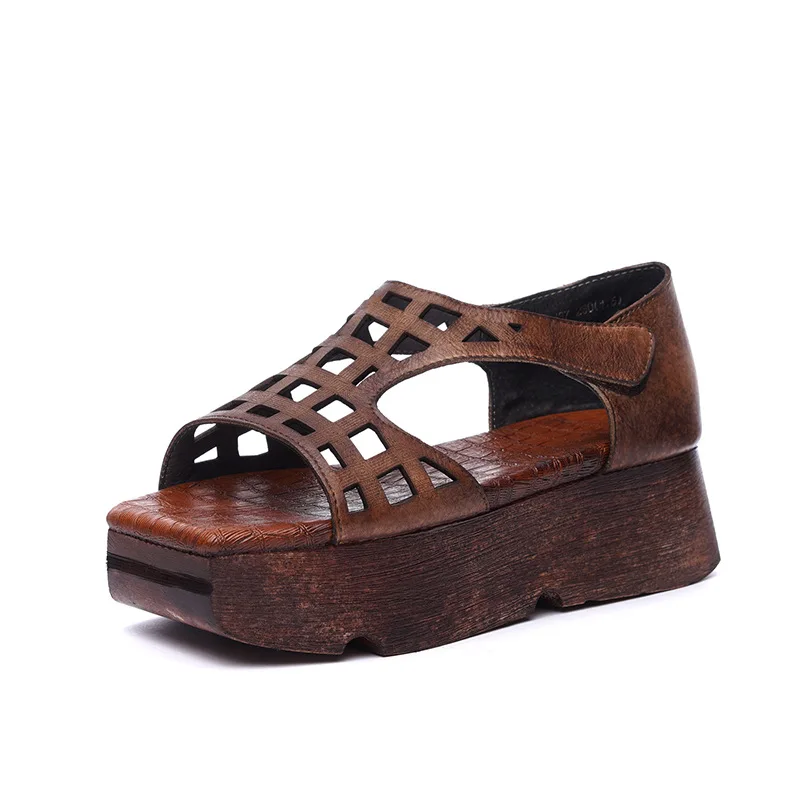 Women Leather Sandals Wedges Shoes 5 Cm High Heels Chunky Sandals Women Handmade Genuine Leather Retro Shoes Brand Summer 2019