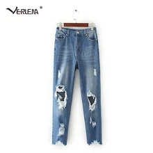 Verlena Высокая Талия Джинсы для Для женщин светло-голубого цвета, полу-штаны для детей джинсовые штаны в стиле панк отверстие с необработанными краями джинсы с карманами, по лодыжки брюки