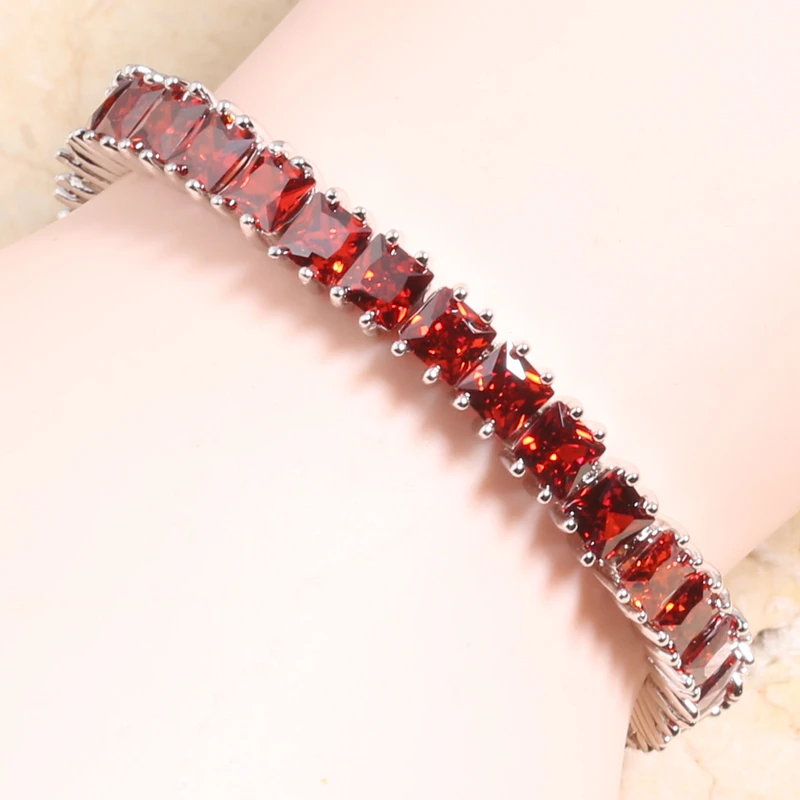 

Glowing Square Red Garnet 925 Sterling Silver Gems Link Chain Bracelet 6 7 Inch L10022
