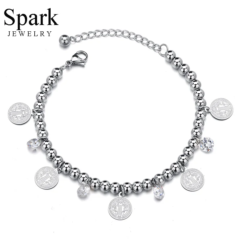 

Spark Religious Jesus Pendant Bracelets Adjustable Stainless Steel Beads Crystal Charm Bracelet For Women Girls Christmas Gift