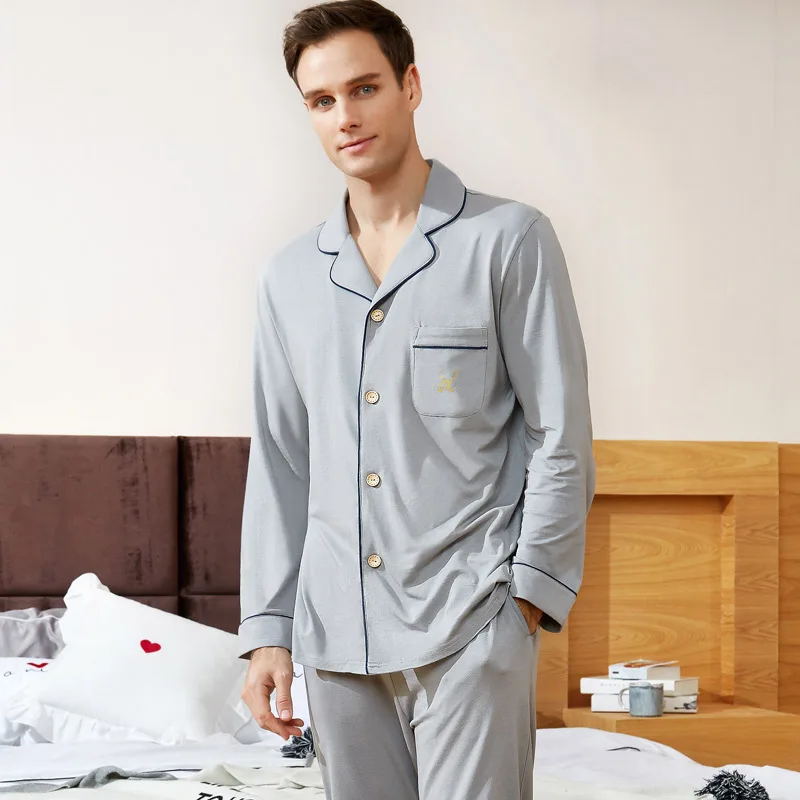 Пара фланелевых романтических хлопковых модальных пижам с длинными рукавами, осенне-зимняя плотная теплая Пижама, ночная одежда для сна - Цвет: gray