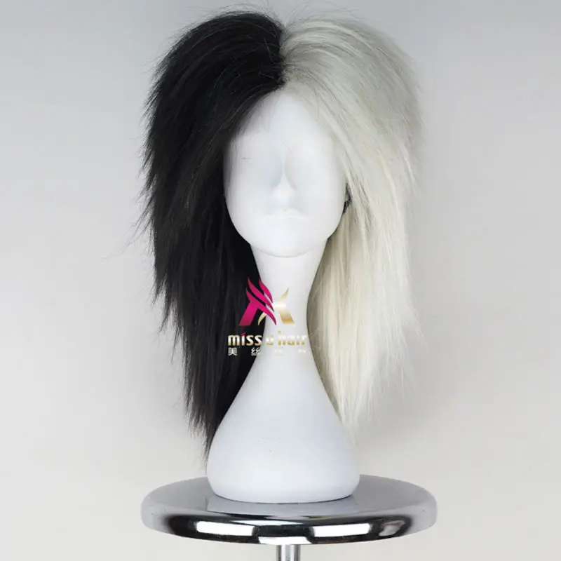 Miss U волосы средней длины кудрявые прямые волосы пушистые половина черный и серебряный белый цвет девушка игра Хэллоуин косплей парик