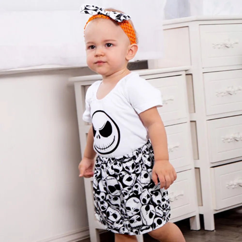 

3PCS Fashion Infant Daily Cotton Blend Baby Girls Skull Print Romper Jumpsuit+Headband+Skirt Outfit Set