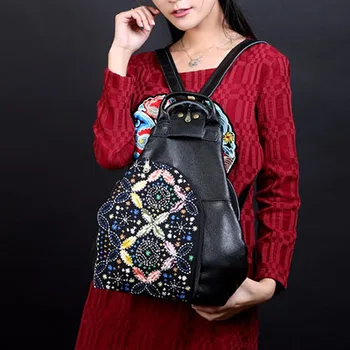 

girls 2017 new summer 100% genuine leather backpacks female chinese flower embroidery cowhide multifunction women backpack black