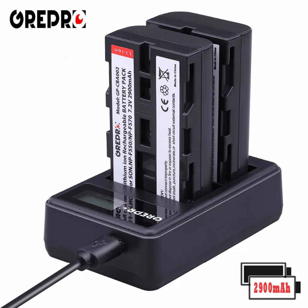 

GREPRO 2pcs 2900mAh Battery NP-F550 NP-F330 NPF550 NP F750 F550 F330 Camera battery+LCD Charger for Sony NP-F550 NP-F750 Bateria