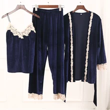 Весенне-осенний женский велюровый пижамный комплект, теплая Пижама, Женский комплект в виде кружевной пижамы, Элегантный комплект ночного белья с длинным рукавом, Ночная одежда, 3 штуки