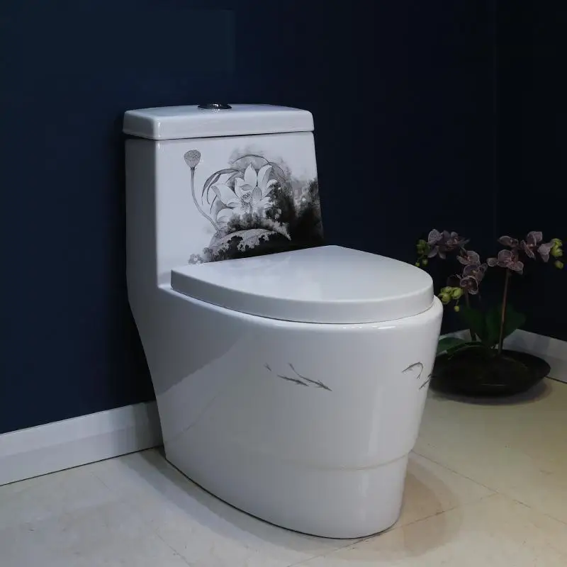 Conjoined Art Toilet Mute Water Saving Anti Odor Bathroom Ink And Lotus pattern Household seat | Обустройство дома