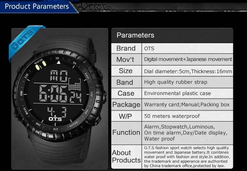 Лидирующий бренд OTS, крутые черные мужские модные цифровые часы с большим лицом, светодиодный, для плавания, альпинизма, для улицы, мужские спортивные часы, рождественский подарок для мальчиков
