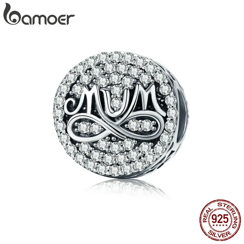 

BAMOER Authentic 925 Sterling Silver Infinity Love for MOM Round Dazzling Clear CZ Beads fit Bracelet & Necklace Jewelry SCC612