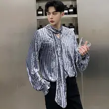 Бахрома на ленте шарф золотая бархатная рубашка мужская рубашка с длинными рукавами Подростковая Корейская Свободная рубашка мужская индивидуальность сценический для певца танец