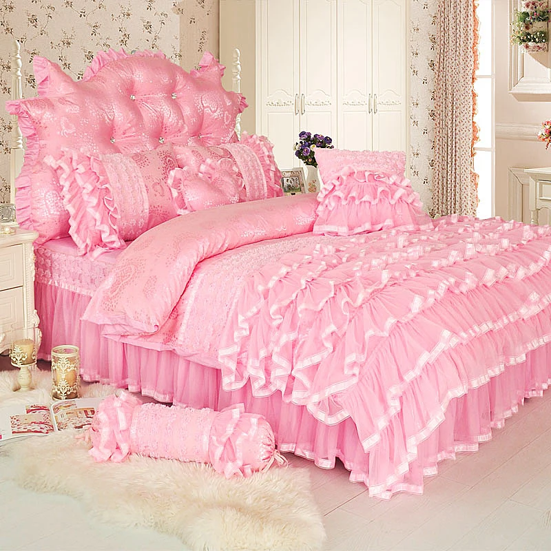 Luxury Lace Silk Cotton Jacquard Romantic Princess Bedding Set Gauze skirt Duvet Cover Set Bed skirt Twin Queen King 4/6/8Pcs