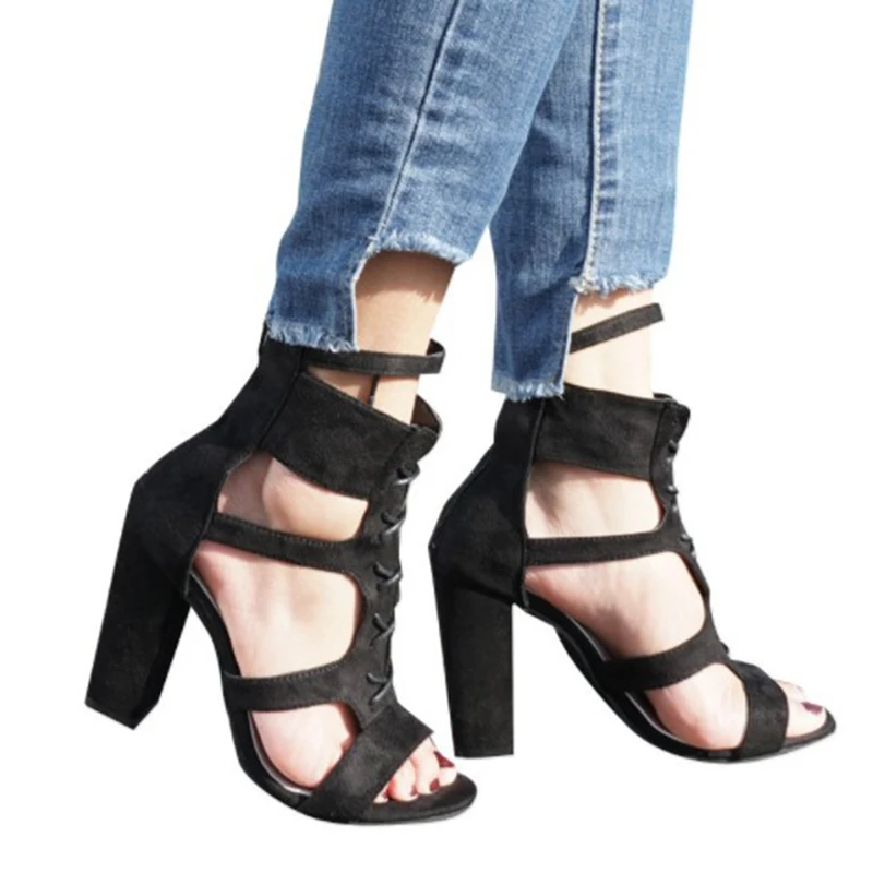 

2019 Fashion Women's Roman Shoes Women High Heels Peep Toe Gladiator Sandals Summer Lace-up&Zipper Ankle Boots Black XWZ5759