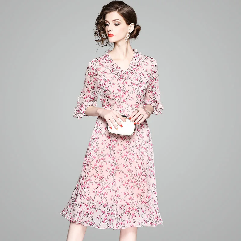 

women summer floral dress V neck chinese stylish modern dress elegantly top quality summer pink long dress short sleeve