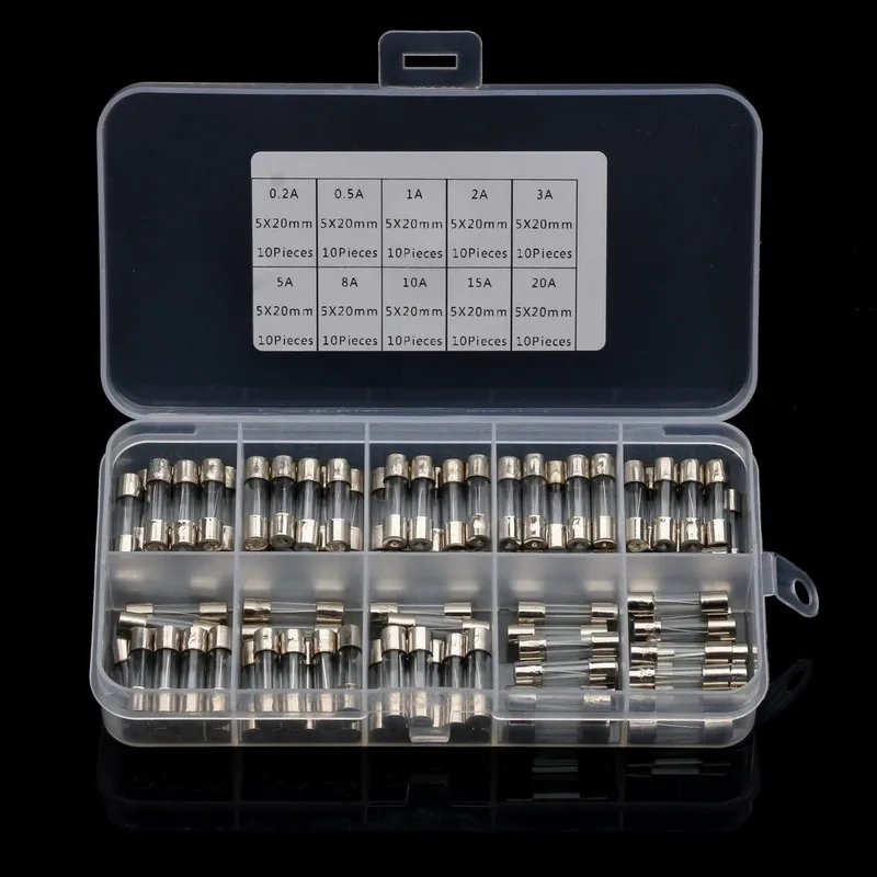 

72/100Pcs Quick Blow Glass Tube Fuse Set 5x20mm/6x30mm Fast-blow Glass Fuses 250V Kit 0.2A-30A for Home Appliances Electronics