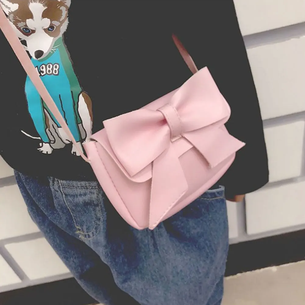 Новинка года; сумка через плечо для девочек из искусственной кожи; сумки на плечо с бантом; мини-модная детская сумка; Кошельки для монет; подарки - Цвет: Розовый