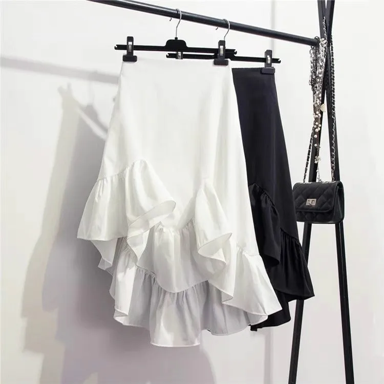 

2019 New-Coming Summer Solid Irregular Ruffle Asymmetrical Skirts High Street Korean Style Empire women Skirts