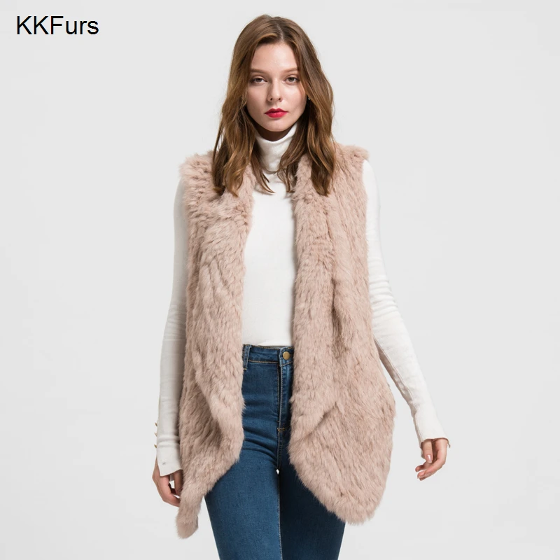 

JKKFURS 2019 New Casual Thick Knitted Women's Real Rabbit Fur Vest / Ladies Winter Fashion Fur High Quality Gilet Coat S1480