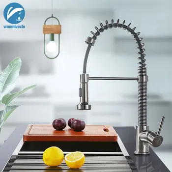 

Pull Out Kitchen Sink Faucet Brass Spring Single Handle Cold Hot 2Function Pull Down Spout-stream Sprayer Swivel Water Mixer Tap