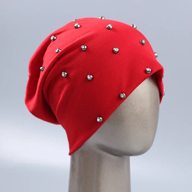 Geebro/Женская Шапка-бини, модная шапка со стразами, шапочки-бини для девочек, хлопковые шлепки, головные уборы для женщин, вязаная женская шапка - Цвет: red
