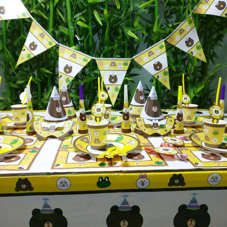

Brown bear Kids Birthday Party Decoration Set Party Supplies Cup Plate Banner Hat Straw Loot Bag horn Fork Disposable Tableware