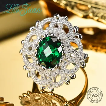 

L&zuan Vintage Style 2.94ct Created Emerald Rings for Woman in 925 Sterling Silver Tension Setting Green Gemstone Fine Jewelry