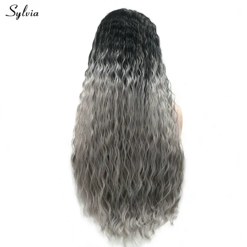 Sylvia свободная волна черный корни Омбре серые волосы синтетические волосы Длинные Синтетические на кружеве парик косплэй парик для девоч