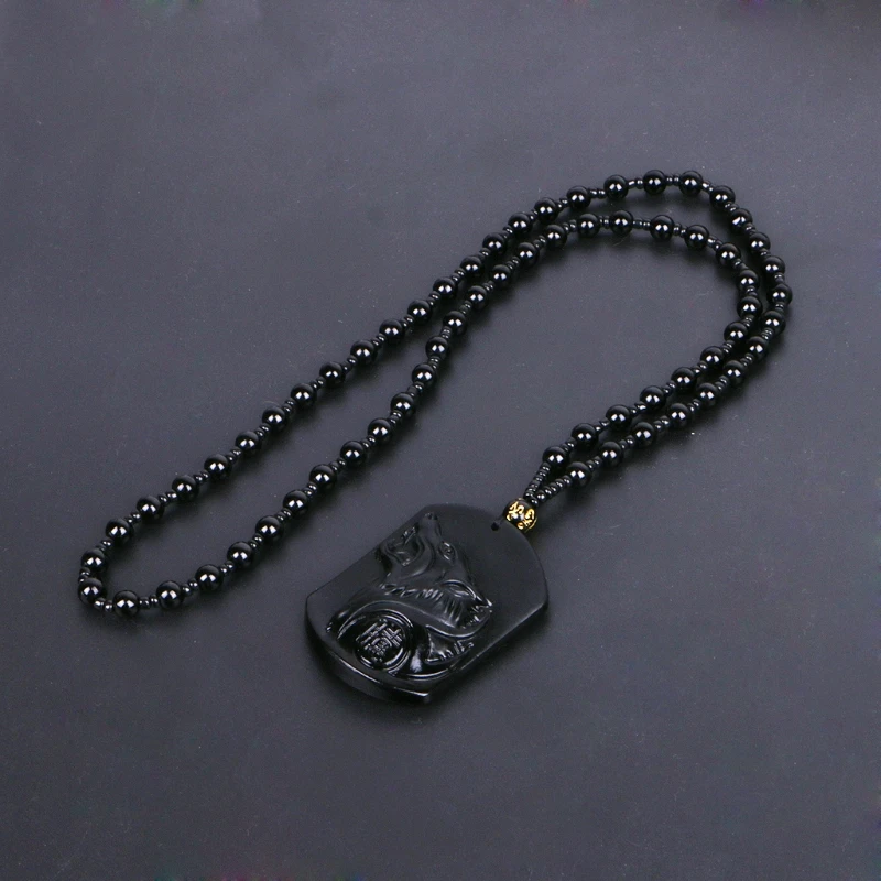 JAVRICK Black Obsidian Wolf Necklace Carving Wolf Head Amulet Pendant With Chain Obsidian Blessing Lucky Pendants Jewelry NEW