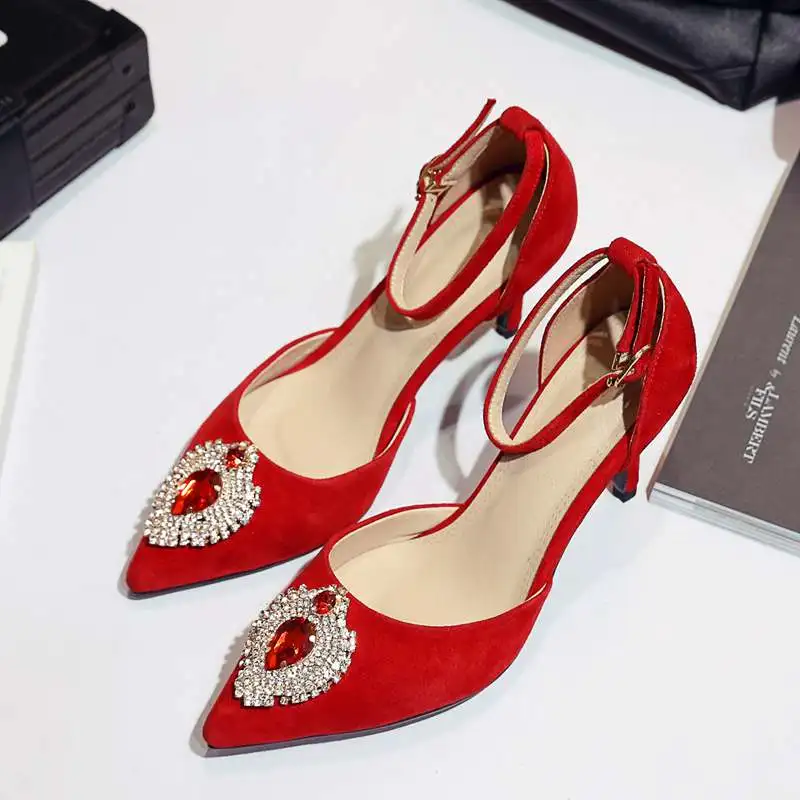 

2017 brand high heels party sheep skin stiletto ankle straps women pumps wedding pointed toe genuine leather crystal shoes 2-2