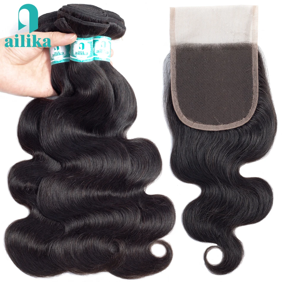 

AILIKA Brazilian Body Wave With Closure Natural Color Brazilian Human Hair Bundles with Closure Non Remy 3 Bundles and Closure