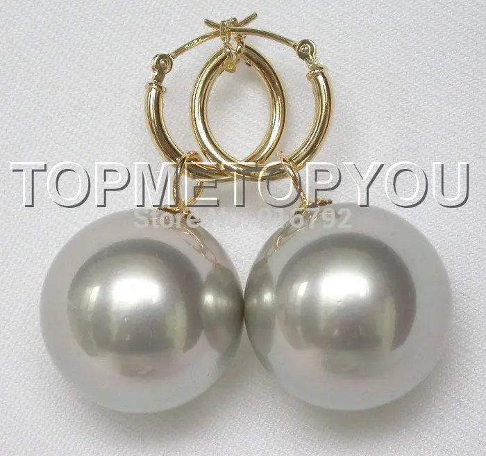 

Wholesale >>Stunning 20mm gray round shell pearls dangle earrings E585