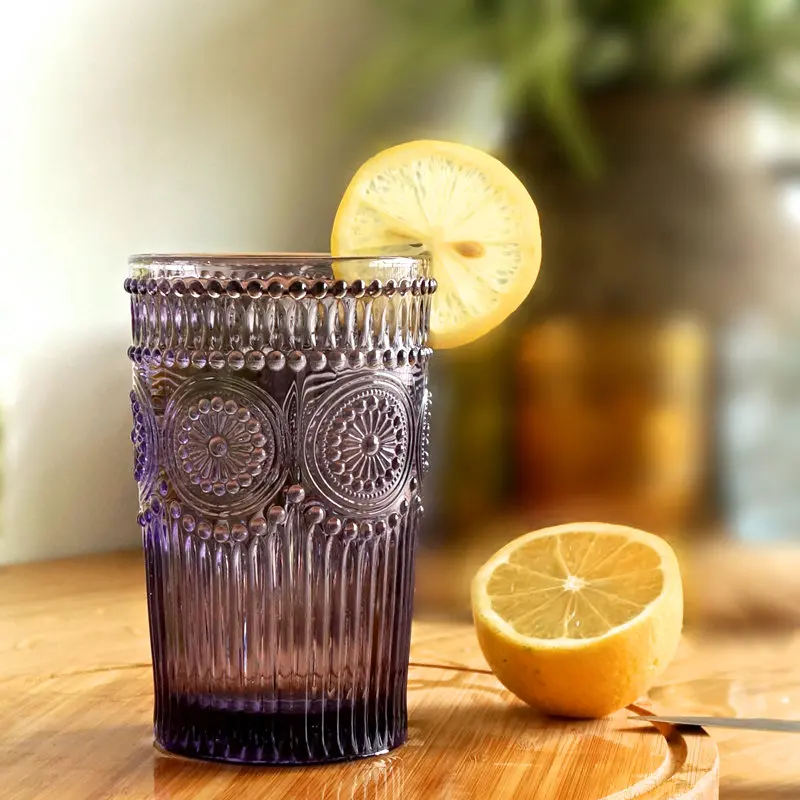 Colorful Class Cups European Style Beer Mug Glass 350ml Large Classic Class Juice Water Cup Embossed Sunflower Glassware Gift (6)