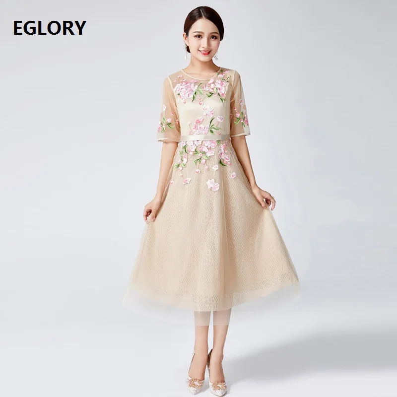 Sexy Sheer Mesh Embroidery Vestidos Wedding Party Bride Mother Women's Dress Mid-Calf Length Swing Dress Lady Special Occasion