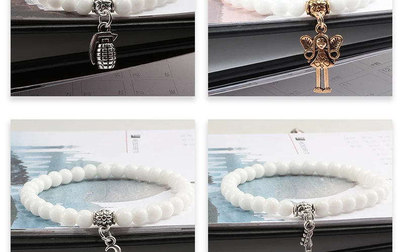 Натуральный камень 6 мм бусины браслеты для мужчин для женщин золото/серебро кулон ключ/Крест/луна эластичные браслет с подвесками Boho украшение подарок для друзей