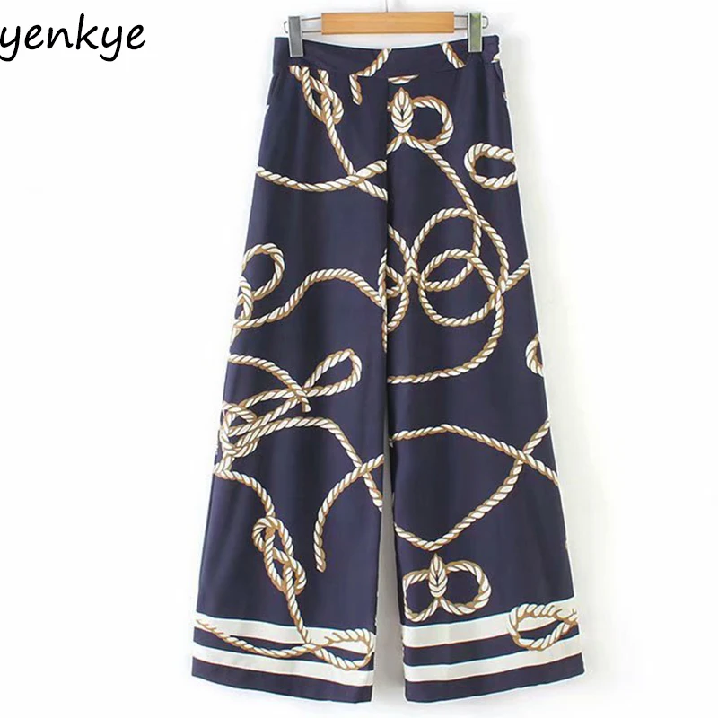 

2019 Women Vintage Knot Print Wide Leg Pants Female Side Zipper High Waist Casual Loose Summer Trousers pantalon femme
