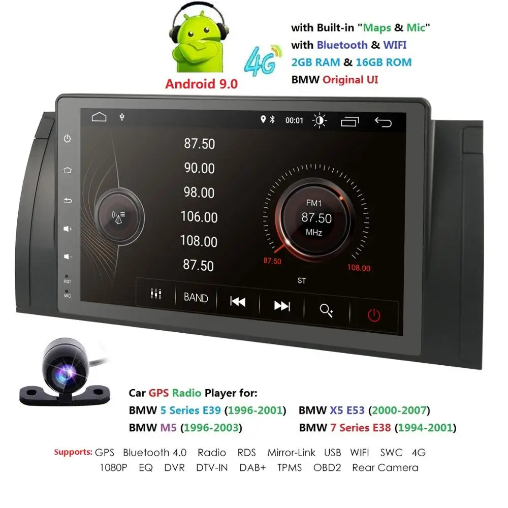 

Android 9.0 4G Car NODVD PLAYER For BMW X5 E53 E39 GPS stereo audio navigation multimedia screen head unit 2G+16G 1024*600 CAM