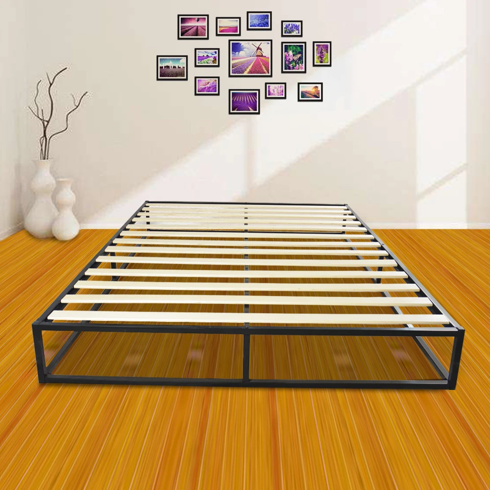 High Quality Simple Basic Iron Bed King Queen Size Metal Platform Bed Frame Wooden Bed Slat Metal Iron Stand Black - US Stock
