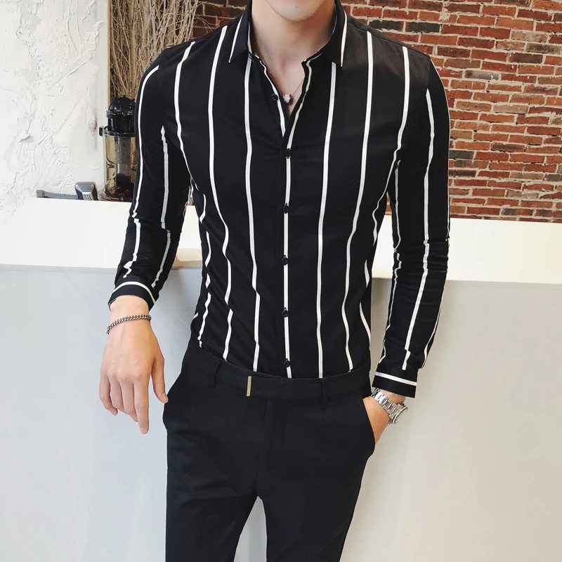 

Mens Shirts Casual Slim Fit White Black Striped Chemise Homme Long Sleeve Shirt Camisa Branca Social Masculina Blouse Men 2019