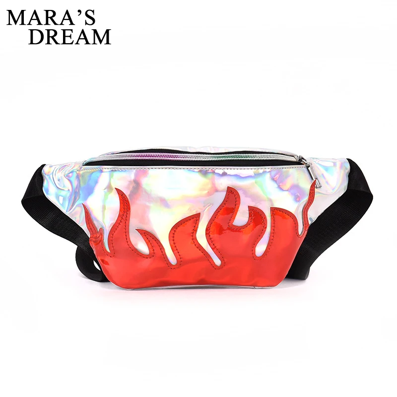 

Mara's Dream 2018 Women Waist Bag Fire Printed Laser Reflective PU Leather Fanny Packs Ladies Phone Belt Bag Waist Poch