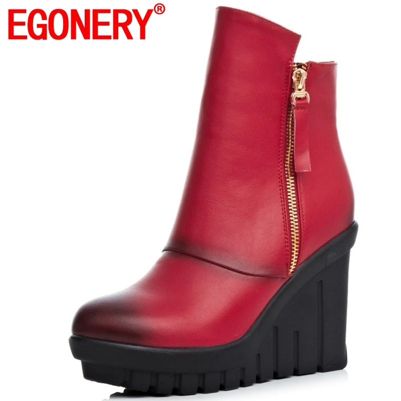 

EGONERY women shoes 2019 winter new fashion popular super high wedges platform zipper black and red outside warm ankle boots