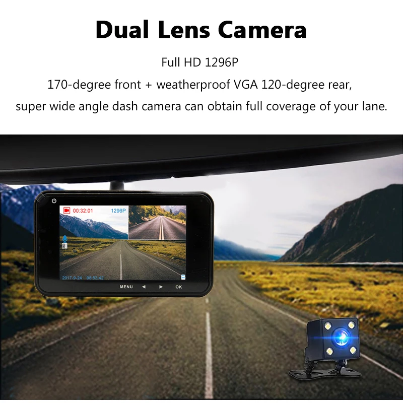 Bluavido 3 дюймовый видеорегистратор с двумя камерами FHD 1080P Автомобильный ADAS камера
