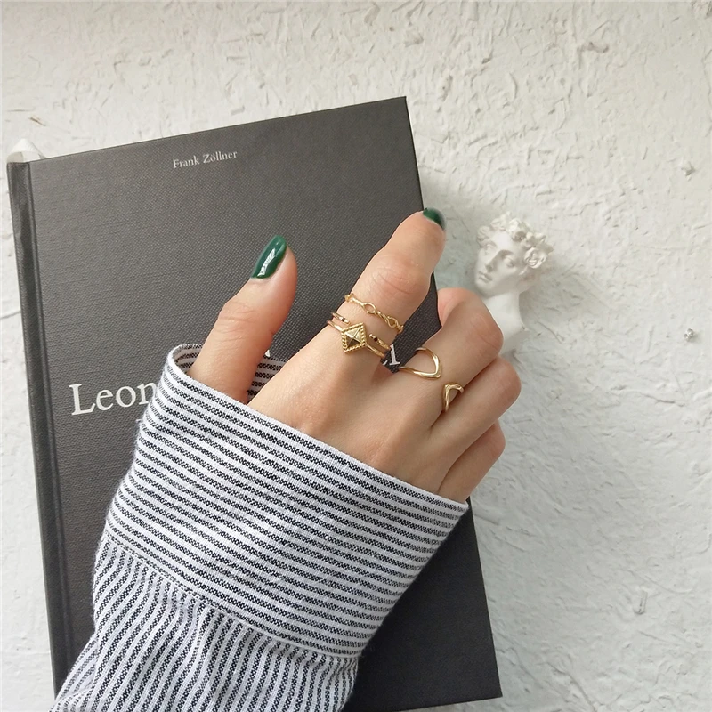 

100% Real Pure 925 Sterling Silver Ring Fashion Simple Parallelogram Ring Punk Double Line Hollow Finger Ring For Women Jewelry