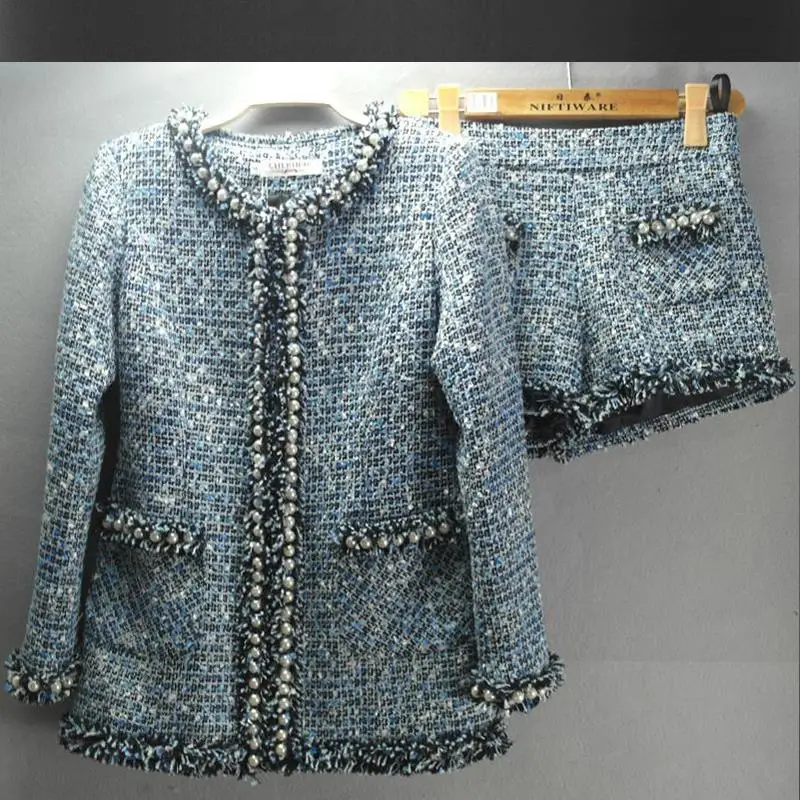 Blue tweed coat +short suit beading advanced custom heavy