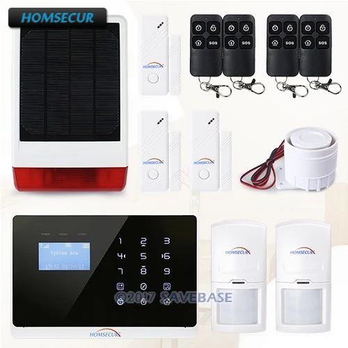 

HOMSECUR APP Controlled Wireless GSM Home Burglar Alarm System Solar Powered Strobe Siren English & French Menu adjustable