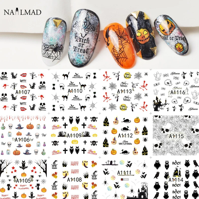 

12 patterns/sheet Halloween Nail Water Decals Flowers Transfer Stickers Skull Nail Art Sticker Tattoo Decals