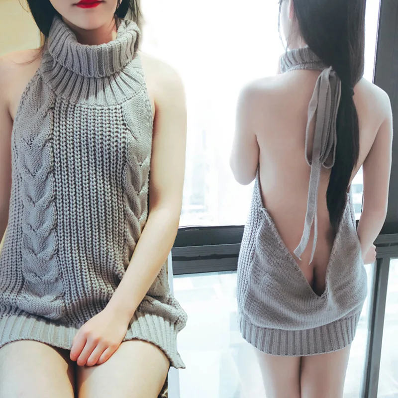 

Backless Turtleneck Twisted Lady's Sexy Sweater Dress Virgin Killer Sleeveless Lace Up Long Female Clothe Feminine Club Pullover