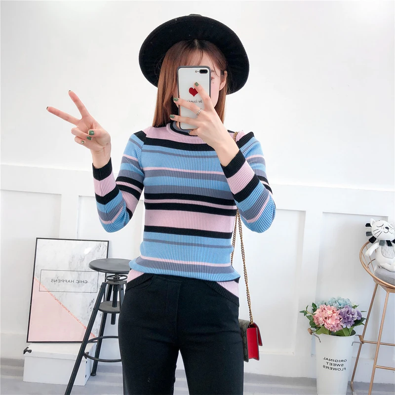 Harajuku Sweater Ladies Multicolor Striped Pullover Sweaters Slim Long Sleeved Flat Knitted Sweater Winter Clothes Women
