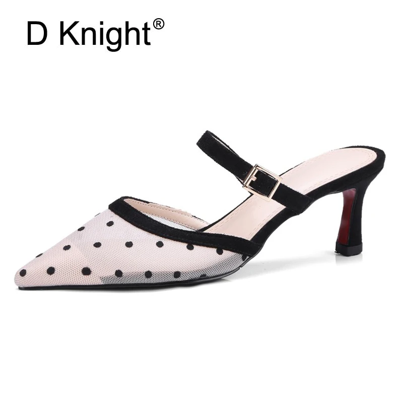 

2018 Summer Elegant Lace Mesh Sandals Polka Dot Pointed Toe Gladiator Shoes Woman High Heels Big Size 34-43 Black Footwear Woman