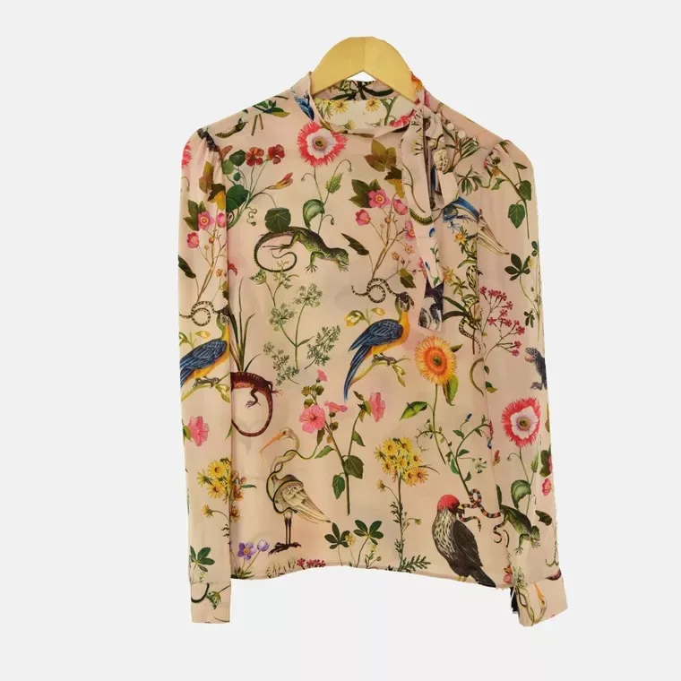 

Free shipping 2018 new fall ribbon bow collar silk butterfly flower print women 100% silk blouse vintage print shirt