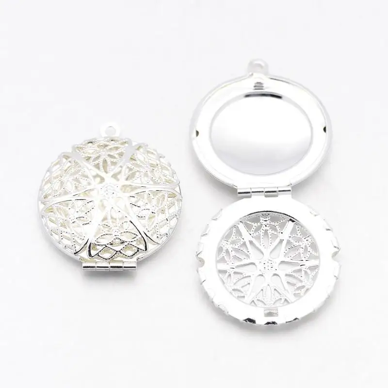 

50pcs Brass Diffuser Locket Pendants, Photo Frame Charms for Necklaces, Flat Round, Silver, 27x7mm, Hole: 2mm